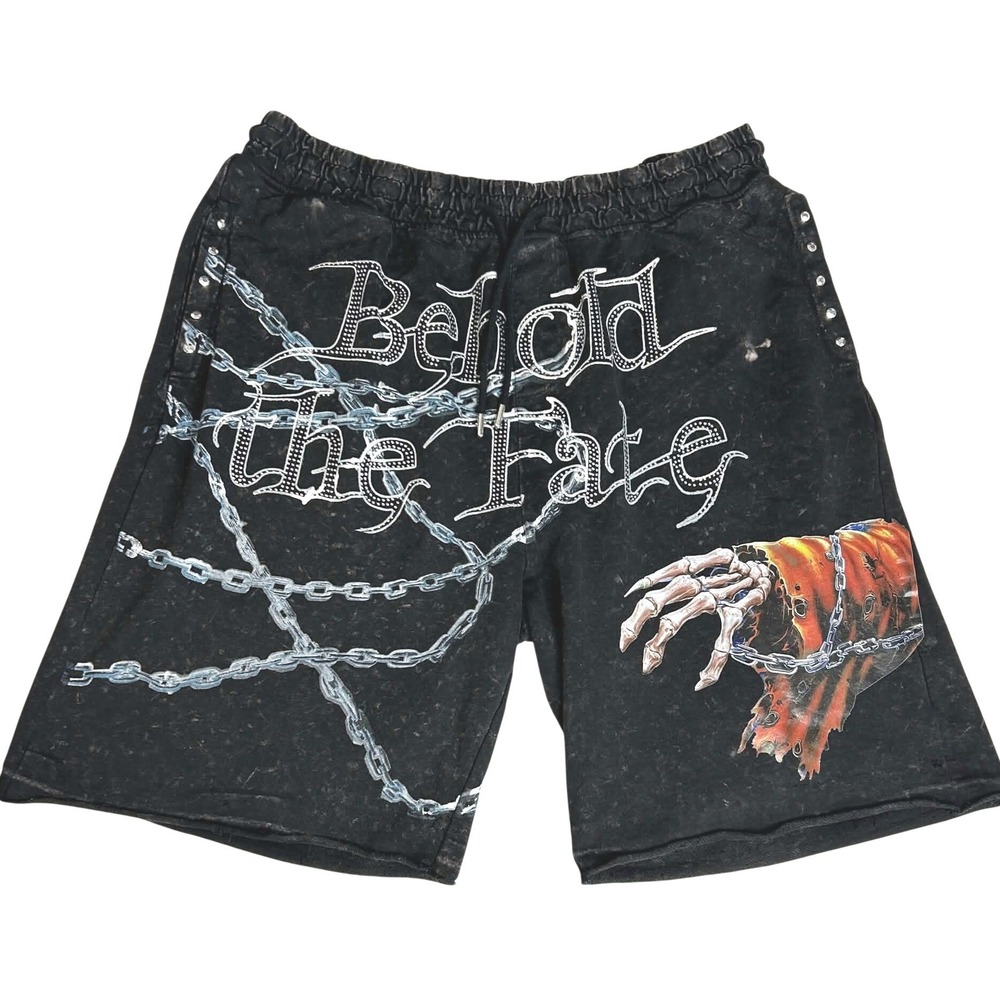 Switch Behold The Fate Graphic Sweat Shorts Washed Black Rhinestone Mens 3XL